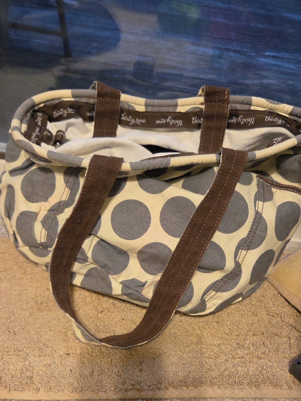 Thirty-One Canvas Polka Dot Tote Bag in Beige and Gray
